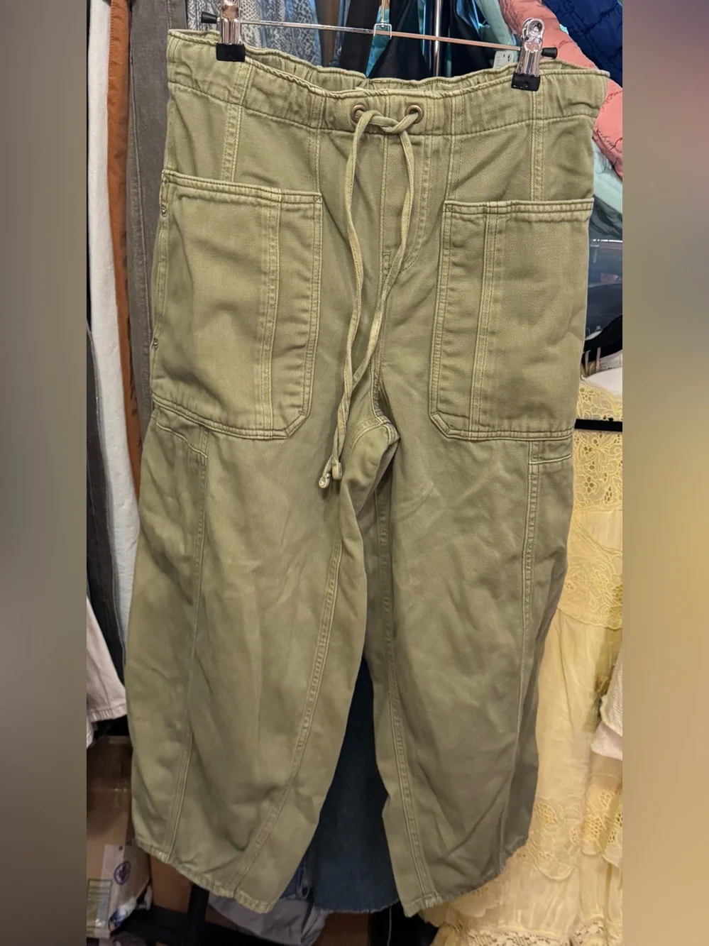 NWOT Free People We The Free Silverton Pull-On Barrel Jeans - aloe green tan XS